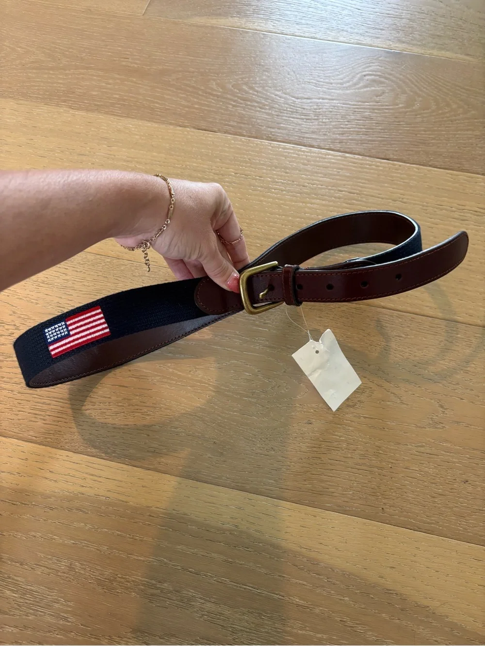 J. Crew Embroidered American flag belt Sz 34 NWT Navy Leather USA patriotic mens